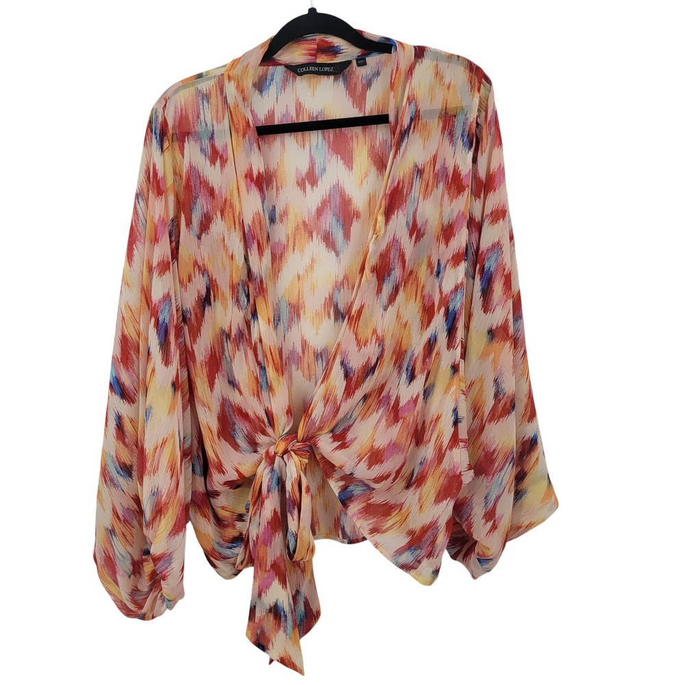 Sheer Colorful Multicolor Streaked Tie Front Puff Kimono Top Cardigan Layering